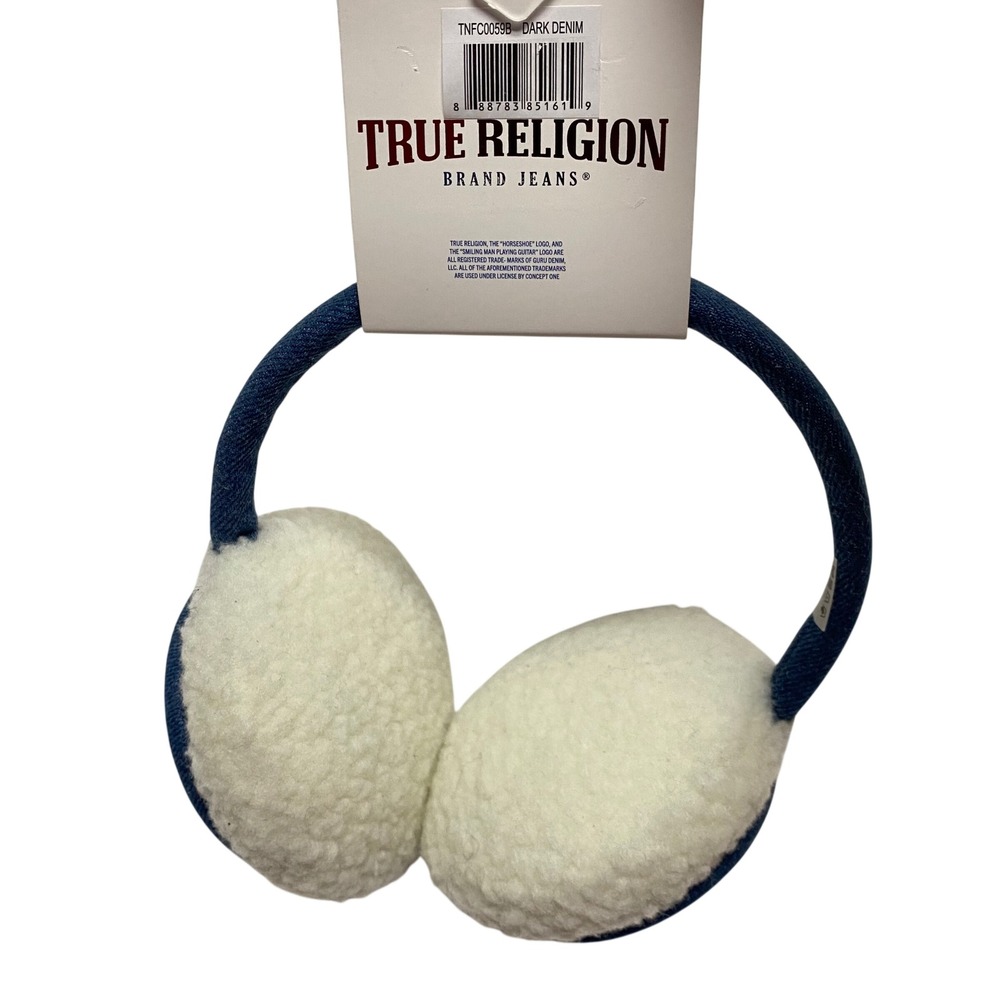 True Religion Dark Denim Earmuffs Rhinestone Horseshoe Logo Faux Shearling NWT
